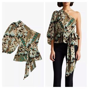 Ted Baker London One Shoulder Tie Waist Feather Off Shoulder Linen Top Size 0